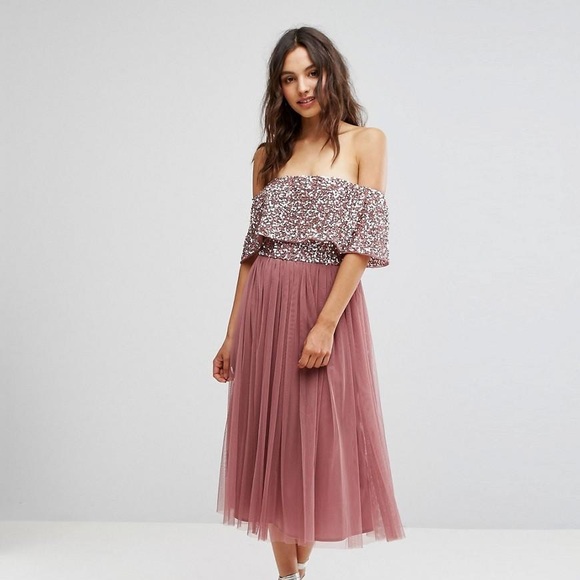 delicate sequin tiered midi dress